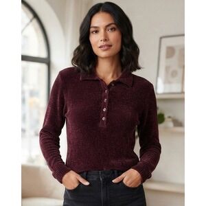Amore Velvet Henley Sweater Collared Long Sleeve Top Women's Medium Burgundy NWT